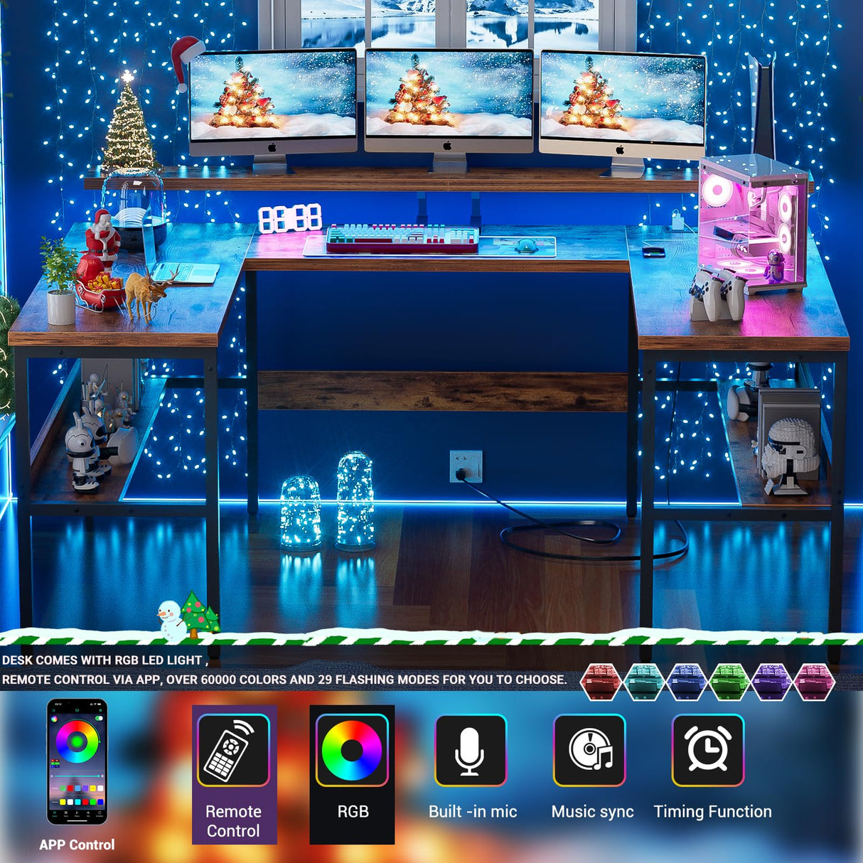 iSunirm U Shaped Office Desk, Customizable L Shaped Computer Desk with Adjustable Monitor Stand & Power Outlets & LED Strip Light, Sturdy Reversible Gaming Desk with Storage Shelves, Rustic Brown iSunirm