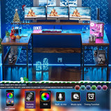 iSunirm U Shaped Office Desk, Customizable L Shaped Computer Desk with Adjustable Monitor Stand & Power Outlets & LED Strip Light, Sturdy Reversible Gaming Desk with Storage Shelves, Rustic Brown iSunirm