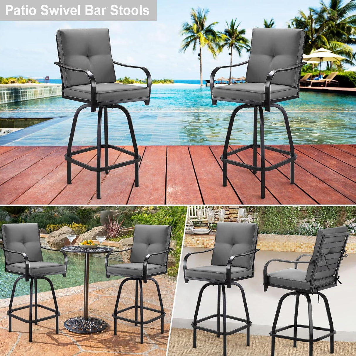 STRPRETTY BASIC Patio Swivel Bar Stools Set of 2, Outdoor Bar Height Patio Swivel Chairs with Cushion for Garden Balcony Backyard (Grey) STRPRETTY BASIC