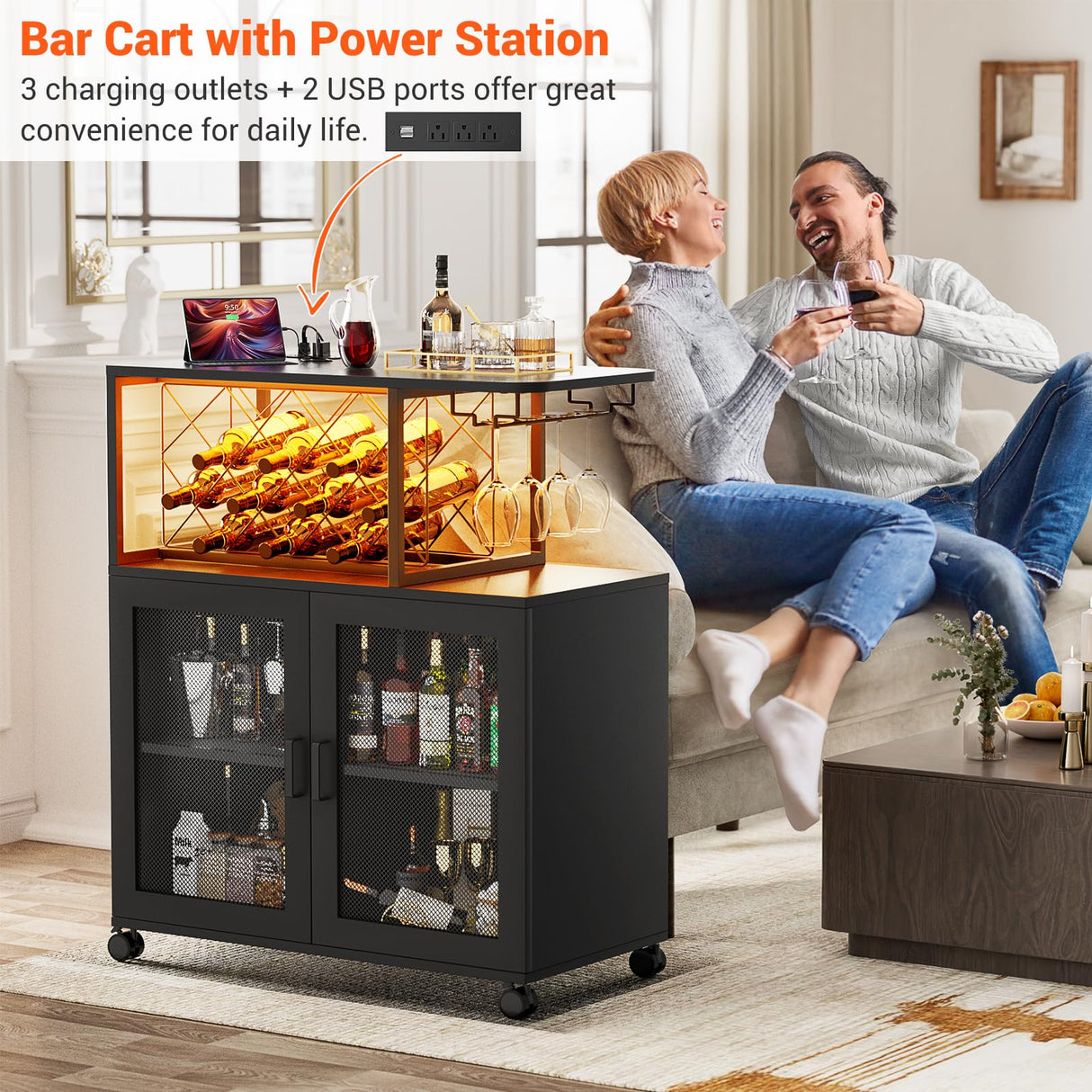 Girapow Small Bar Cart with Wheels, Liquor Cabinet with LED Light, Wine Bar Cabinet with Power Outlets, Home Mini Bar with Wine Rack, Glasses Storage for Kitchen, Dining Room, Living Room, Black Girapow