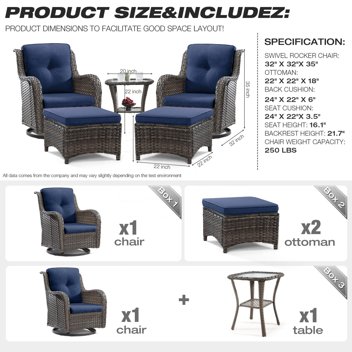 Joyside 5 Piece Outdoor Patio Furniture Set Wicker Conversation Bistro Set Swivel Rocking Chairs with Side Table and Ottomans for Backyard, Porch, Deck(Mixed Grey/Blue) Joyside