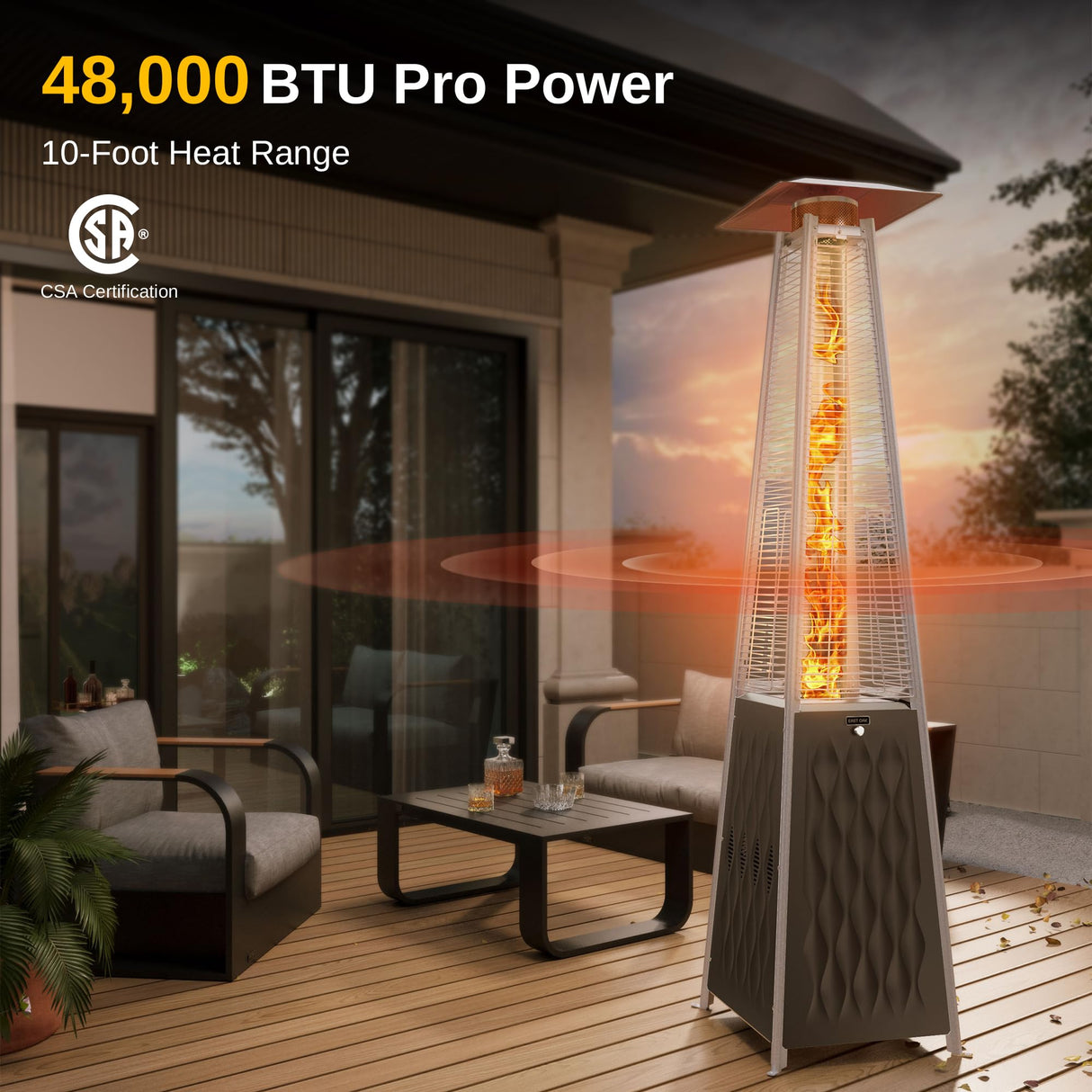 EAST OAK Pyramid Patio Heater, 48,000 BTU Outdoor Patio Heater, Quartz Glass Tube Propane Heater, Triple Protection System, With Wheels, Outdoor Heater for Commercial & Residential, Brown EAST OAK