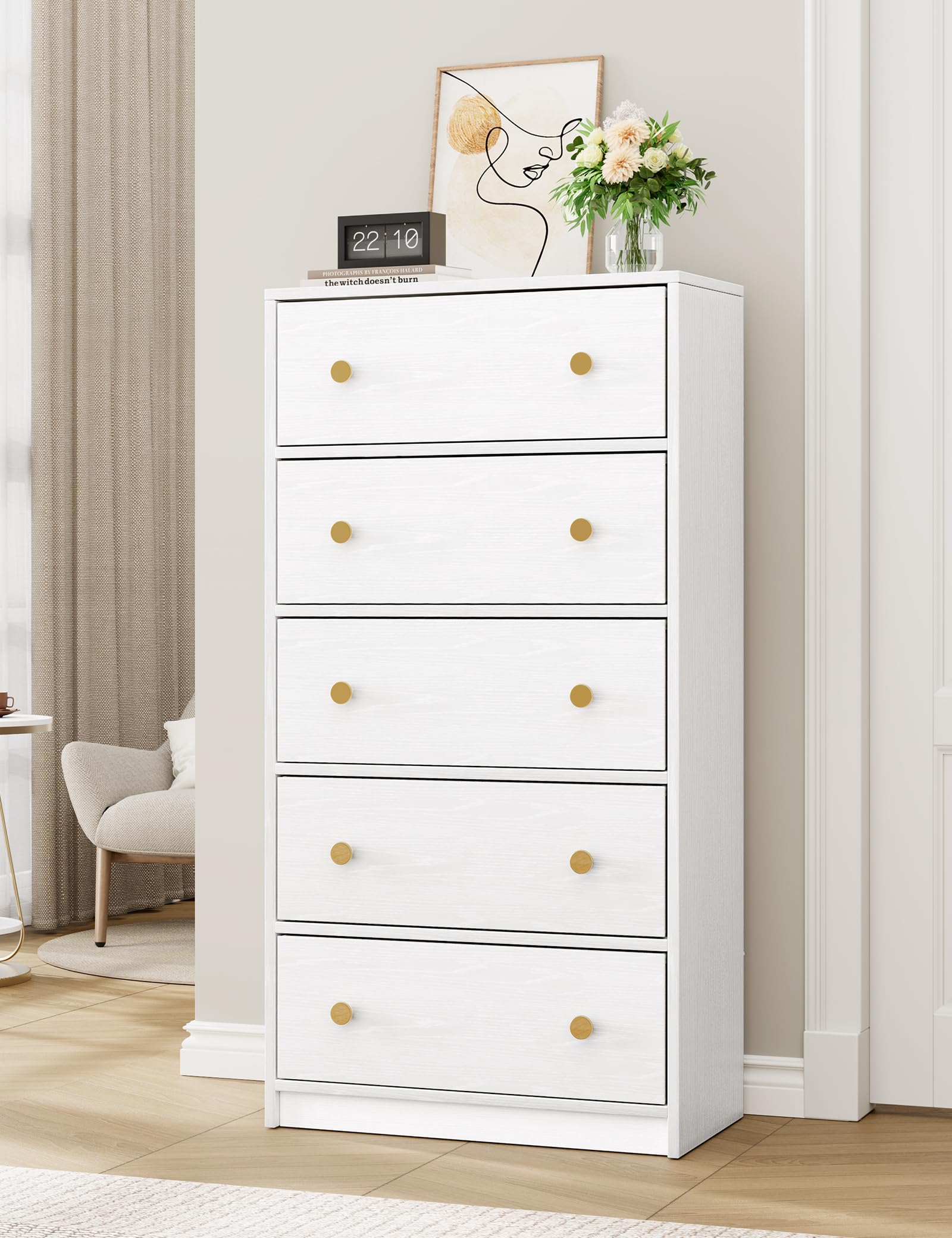 Nicehill White Dresser for Bedroom with 5 Drawers, Fabric Dresser Storage Tower, Chest of Drawers for Closet, Living Room, Hallway, Entryway, Woodeen Dresser（White） - WoodArtSupply