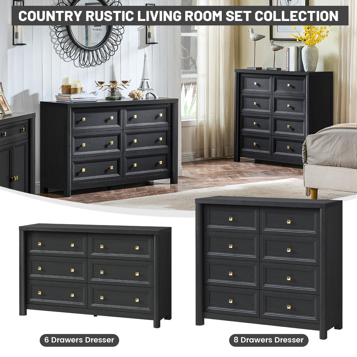 Standifurno Farmhouse Dresser for Bedroom, 41" Tall Black Dresser with 8 Drawers, Soide Rustic Wood Vintage Dressers Chest of Drawers for Bedroom, Living Room, Hallway Standifurno