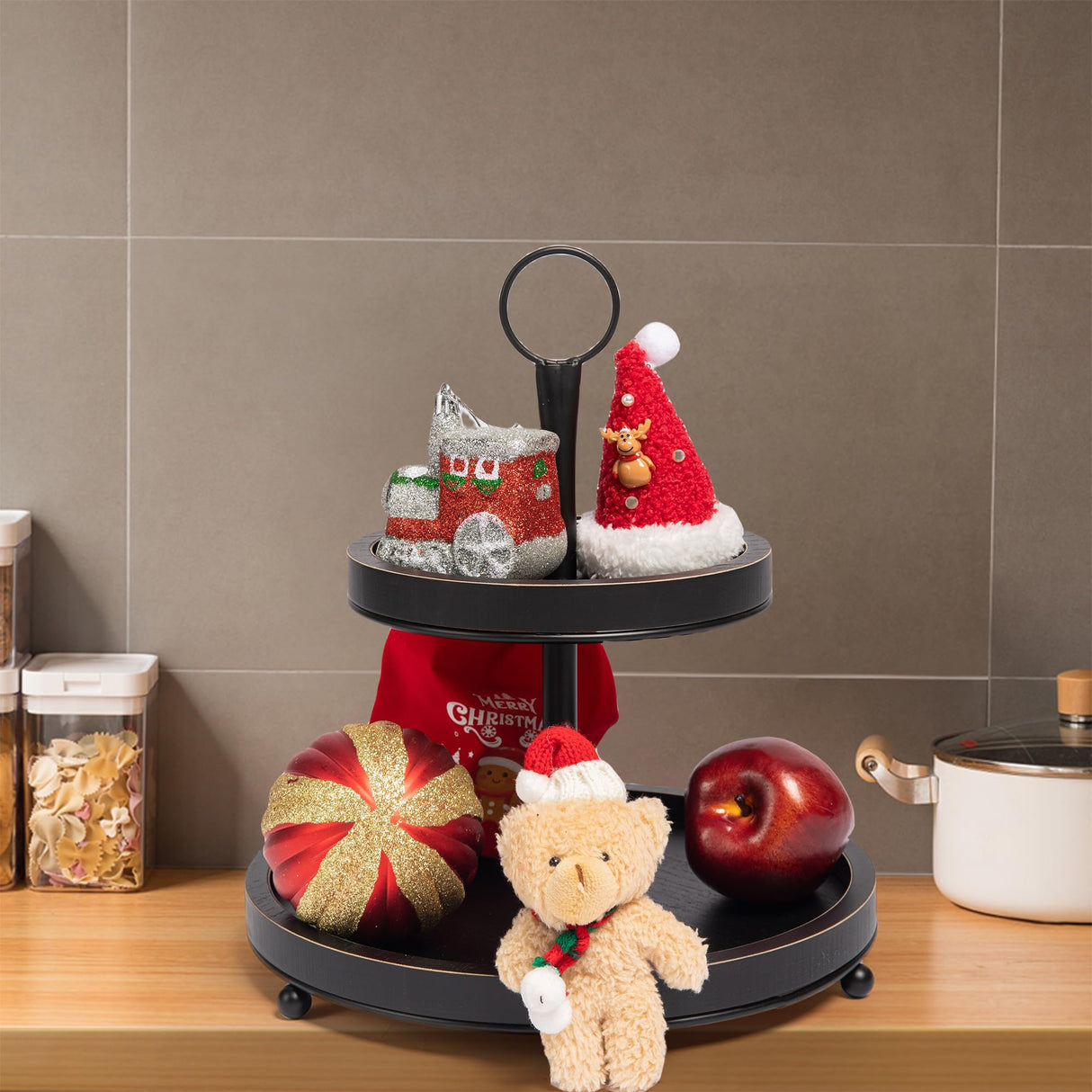 GENMOUS Black Farmhouse Tiered Tray Decor with Distressed Wood Bead Garlands, Wooden Tiered Tray Stand for Seasonal Display, Decorative 2 Tiered Serving Tray with Metal Handle for Rustic Home Décor GENMOUS & CO.