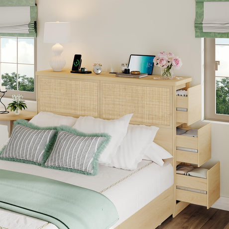 Yechen 48" Natural Rattan Headboard Queen Size with 6 Storage Drawers and Charging Station, Tall Light Wood Boho Queen Headboard Only, Freestanding Wicker Sturdy Frame Wall Headboards, Natural Yechen
