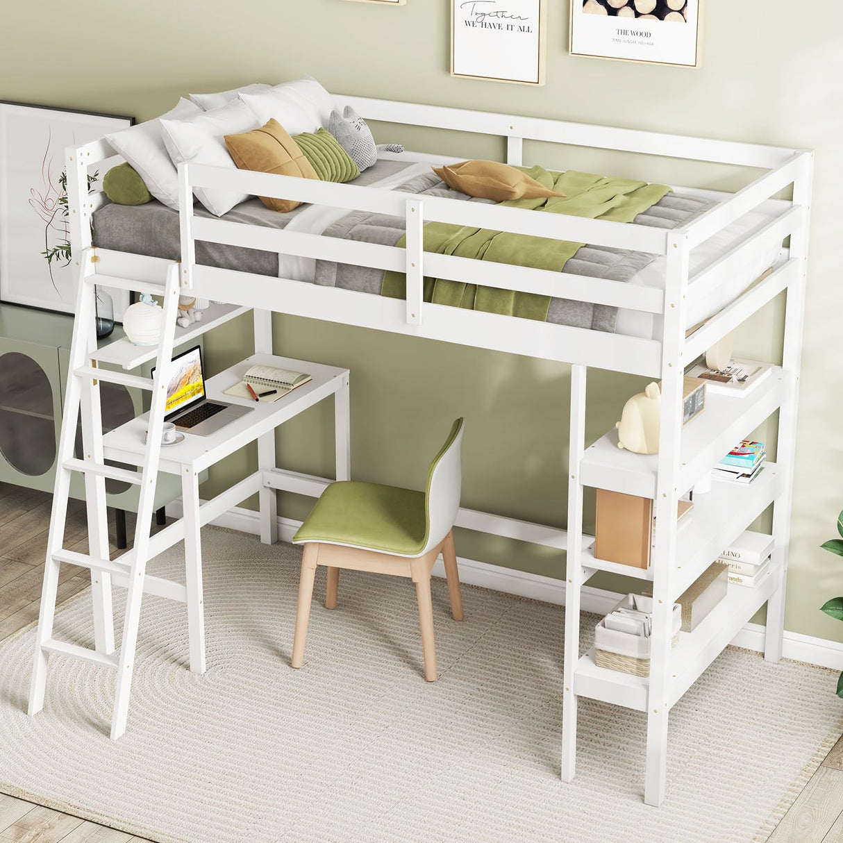KOTEK Twin Loft Bed with Desk & Storage Shelves, Solid Wood Loft Bed Frame with Bookcase, Ladder, Guardrails, Twin Size Loft Bed for Kids, Teens, Drom, Apartment (White) KOTEK