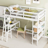 KOTEK Twin Loft Bed with Desk & Storage Shelves, Solid Wood Loft Bed Frame with Bookcase, Ladder, Guardrails, Twin Size Loft Bed for Kids, Teens, Drom, Apartment (White) KOTEK