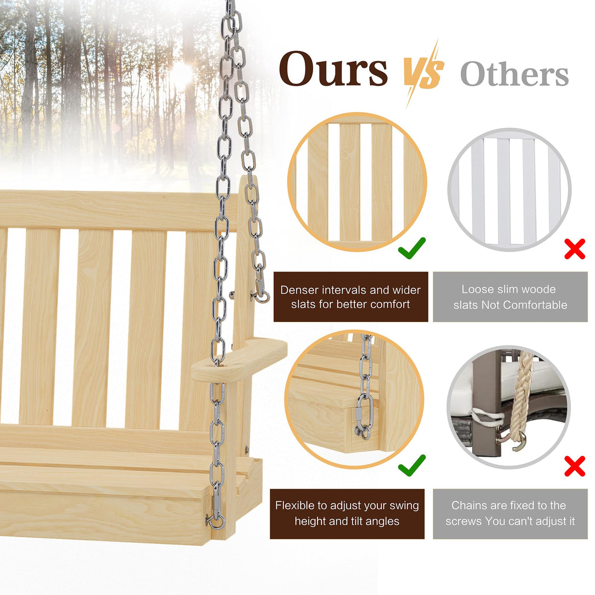 JAMFLY Patio Wooden Porch Swing Outdoor, 2-Seater Bench Swing with Hanging Chains for Outdoor Patio Garden Courtyard Backyard, Natural JAMFLY