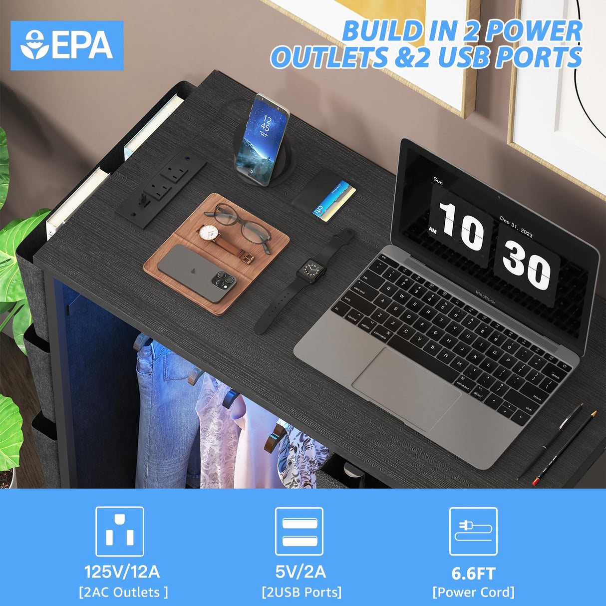 WODRAWER 6 Drawer Dresser for Bedroom with Clothes Rack, Clothes Dresser with Side Pockets and Hooks, Charging Station & LED Lights, Wooden Top, Fabric Storage (Black) WODRAWER