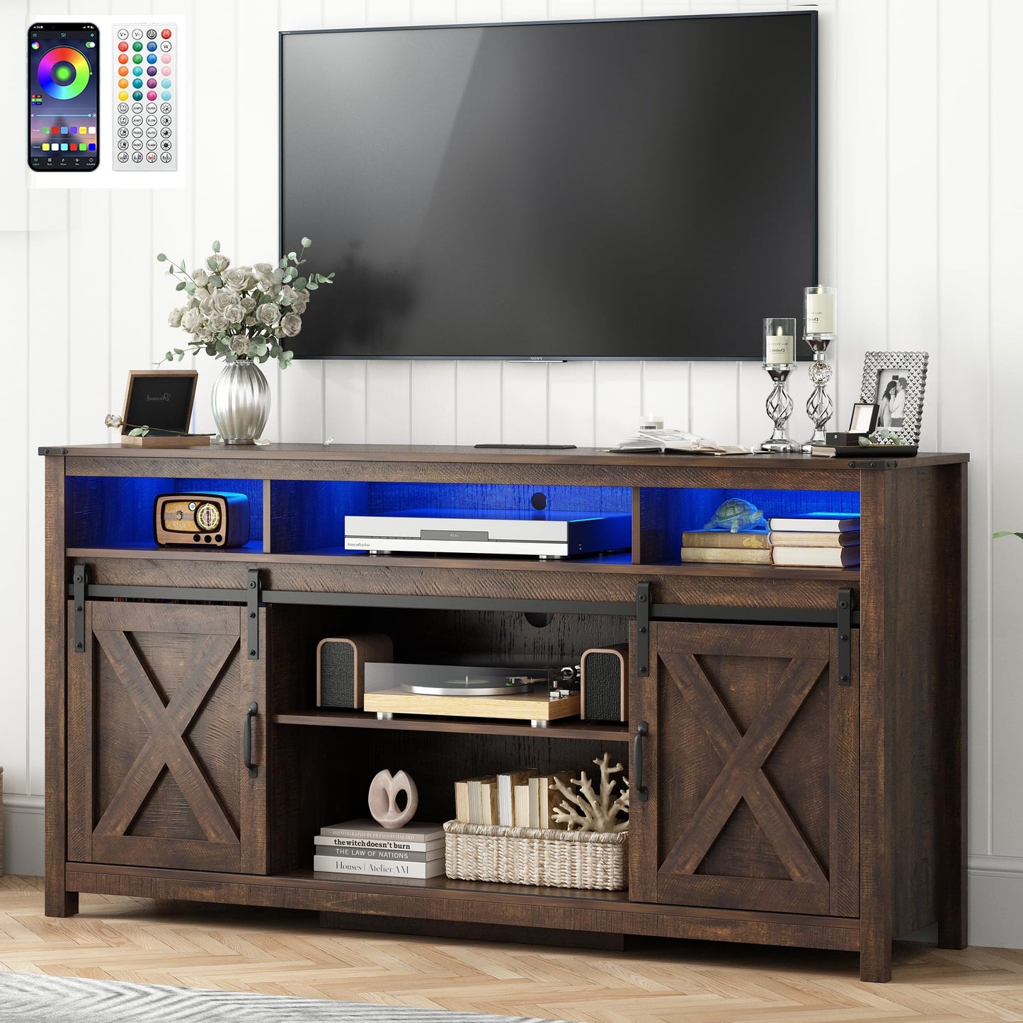 Hlivelood 61.5IN Farmhouse LED TV Stand for 65/70inch TV, Modern TV Stands for Living Room with RGB LED,TV Entertainment Center with Storage Cabinet/Sliding Barn Door,Sideboard Cabinet(Brown)