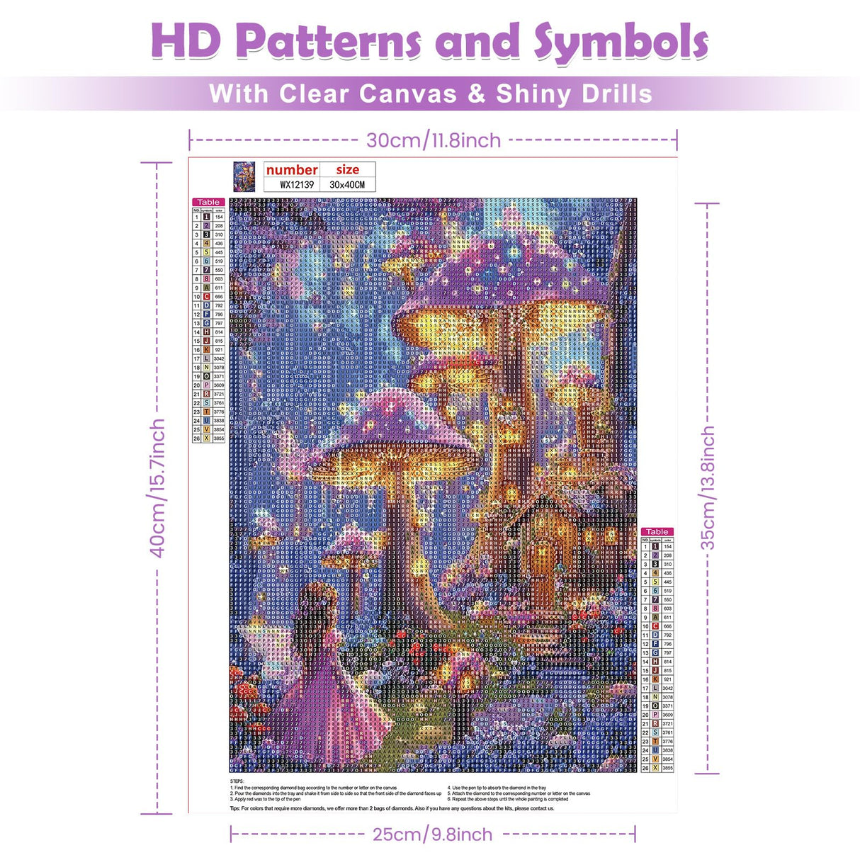 KEYIFA Diamond Art Kits for Adults, 5D DIY Diamond Painting Fantasy Forest, Round Full Drill, Mushrooms Diamonds Dots Mosaic Painting, Crystal Gem Arts Craft for Home Wall Decor 12x16 in KEYIFA