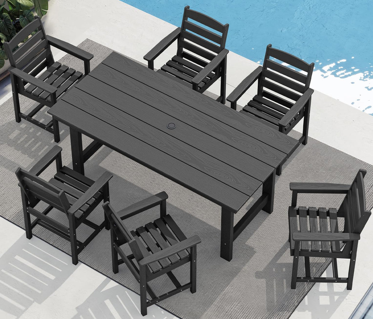 SERWALL 7-Piece Patio Dining Table Sets, Outdoor HDPE Dining Furniture Set with Umbrella Hole Cut-Out Table and 6 Chairs, Black SERWALL
