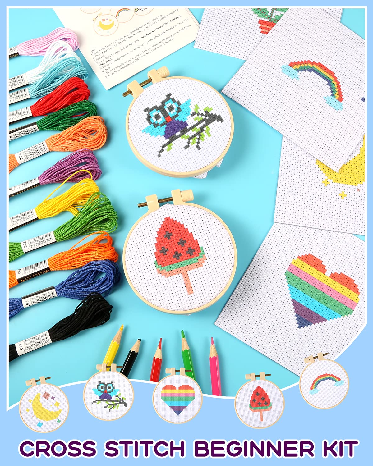 Pllieay Cross Stitch Beginner Kit for Kids 7-13, Includes 6pcs Project Cross Stitch Pattern and 2pcs Hoops, 12 Skeins, Needle Point Starter Kit Sewing Set with Instructions for Christmas Gift Pllieay
