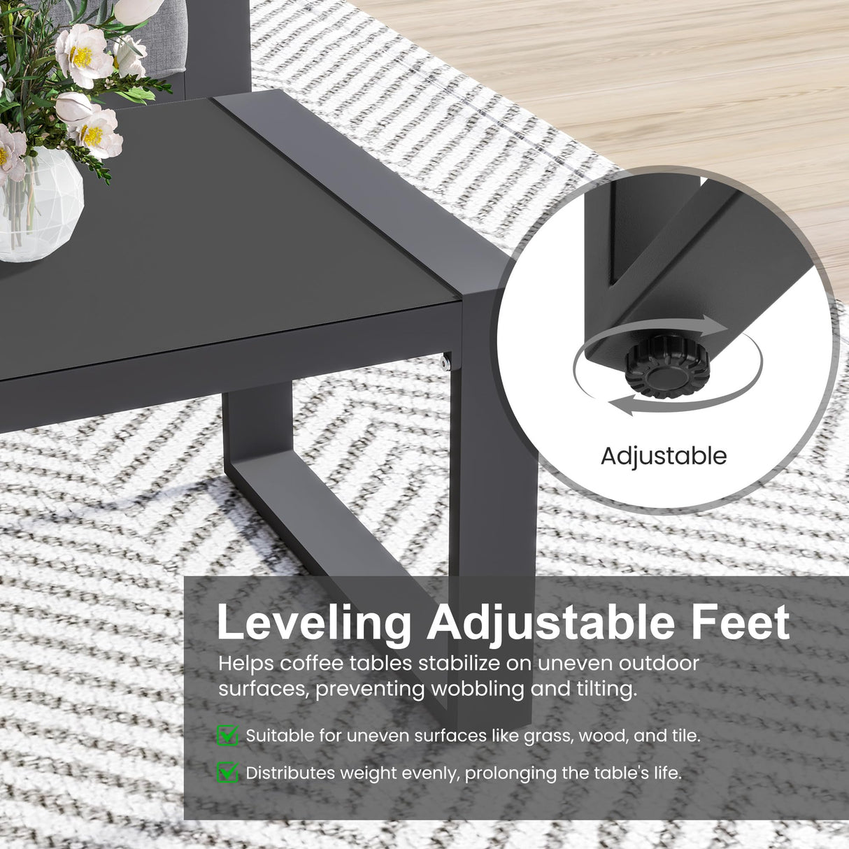 FansaFurn Aluminum Patio Outdoor Coffee Table with Tempered Glass Desktop, U-Frame Modern Patio Coffee Table with Adjustable Feet for Outdoor, Grey FansaFurn