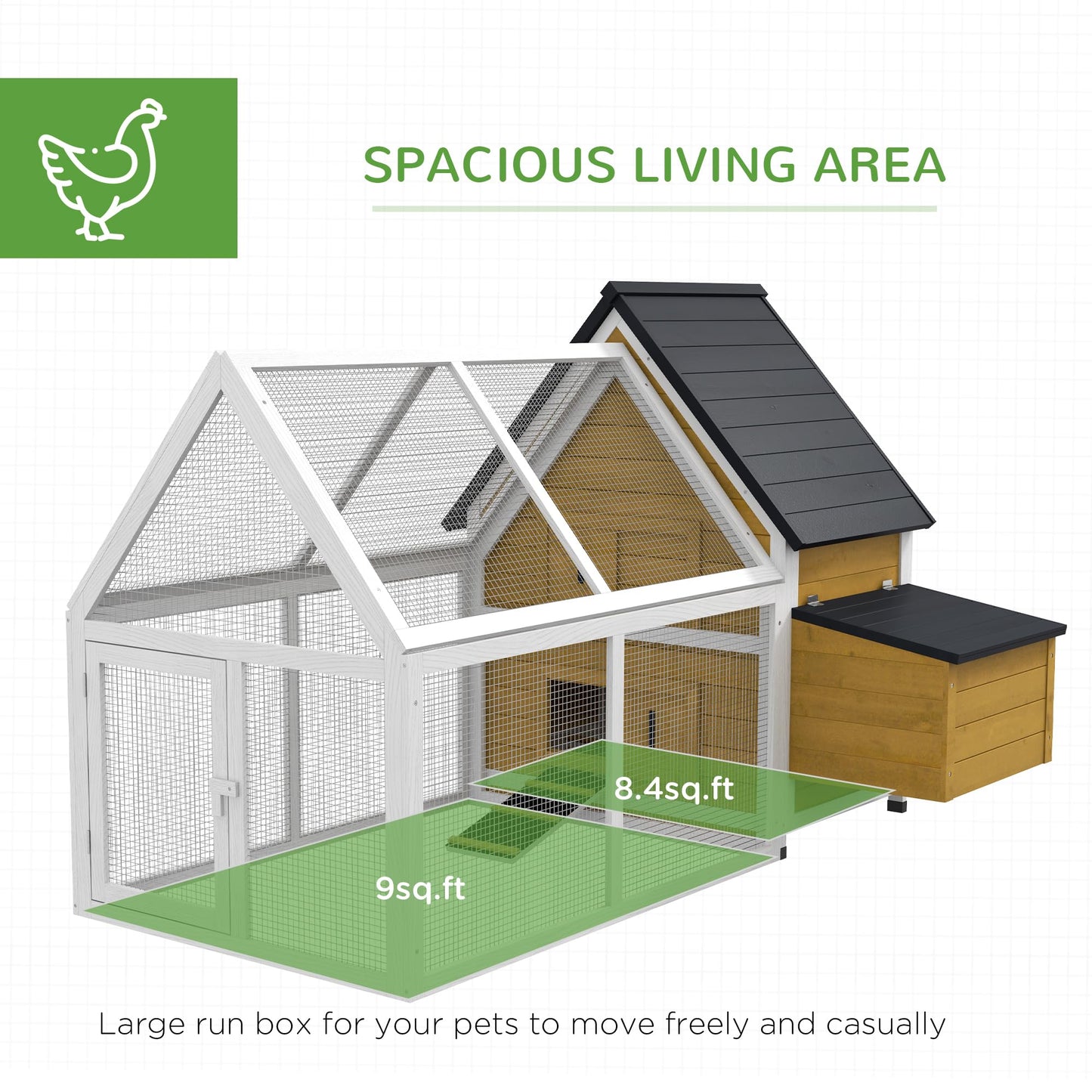PawHut 65" Chicken Coop Wooden with Detachable Run, Outdoor Chicken House Poultry Cage Hen with Nesting Box, Removable Tray, Roosting Bars, Ramp, for Garden Backyard, Yellow - WoodArtSupply