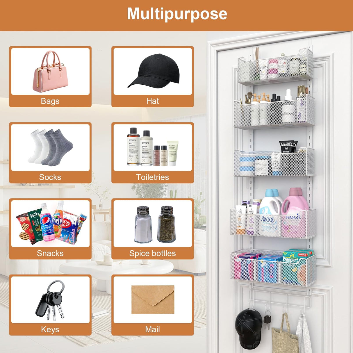 VyGrow Over The Door Organizer, Metal Door Organizer Hanging with 5 Adjustable Baskets and Coat Hook, Behind The Door Storage for Bedroom Closet Bathroom Pantry Cabinet Kitchen, White VyGrow