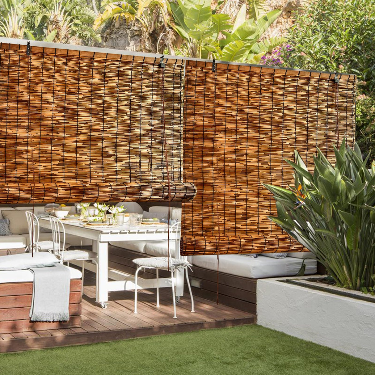 FENRUNXU Natural Bamboo Roll-Up Blinds - 2 Pack, 47" W x 71" H Reed Shades for Indoor & Outdoor Use FENRUNXU