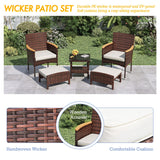 5 Piece Outdoor Patio Furniture Set with Table&Ottoman Outdoor Furniture Patio Set Bistro Wicker Patio Set of 2 Outside Lawn Chairs Conversation Sets for Porch Balcony Deck(Brown Wicker&Khaki Cushion) ARTBUSKE