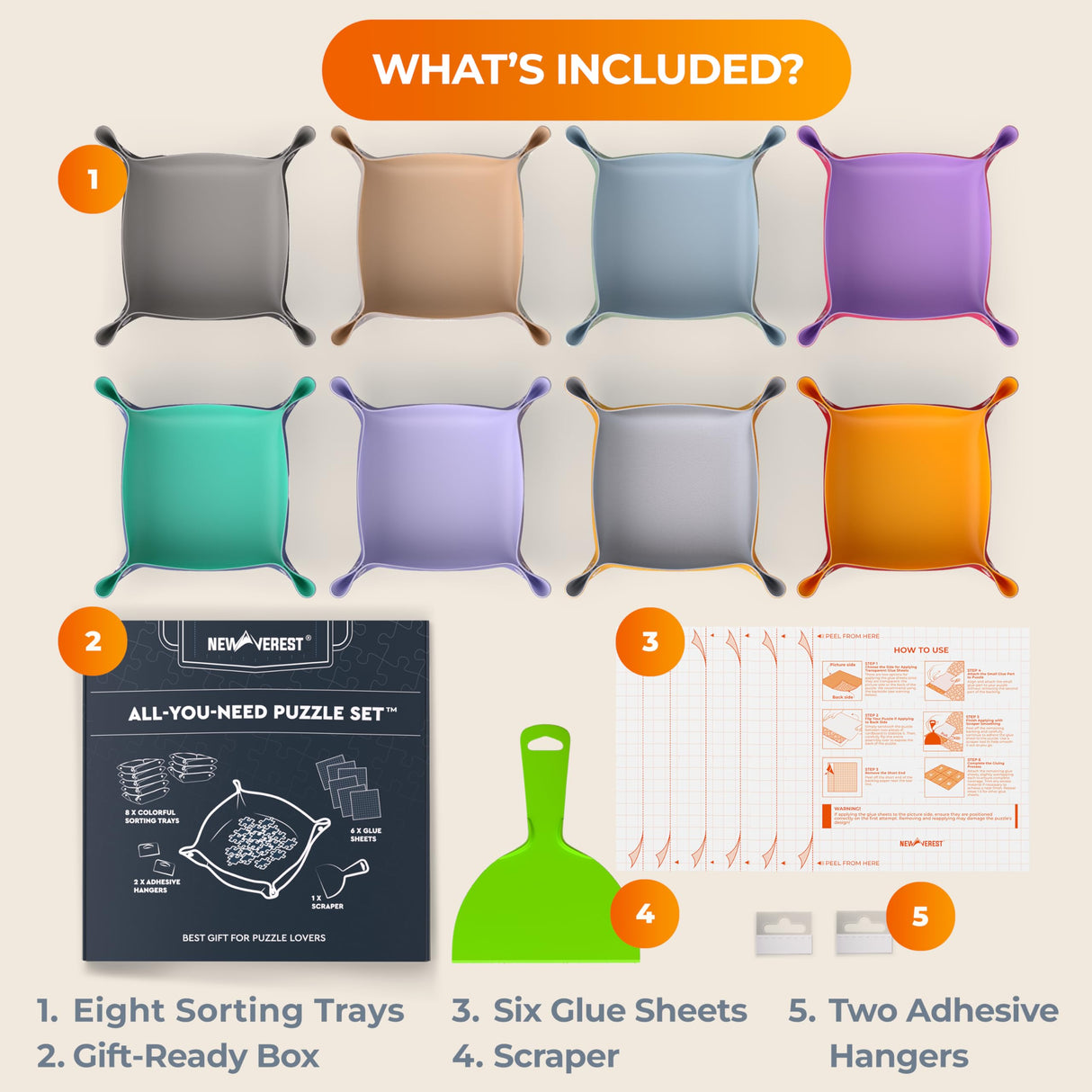 Newverest All-You-Need Puzzle Set: 8 Puzzle Sorting Trays for up to 2000 Pieces, 6 Glue Sheets, 1 Large Scraper & 2 Adhesive Hangers in Gift-Ready Packaging – Must-Have Saver Kit for Puzzle Lovers Newverest