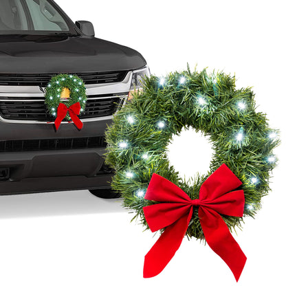 Christmas Car Decoration - Car Christmas Wreath - 2024 Light-Up Christmas Wreath for Car Grill - Fits Jeeps Trucks SUVs RVs Golf Carts and More - 12-Volt Plug-in Wreath Lighting