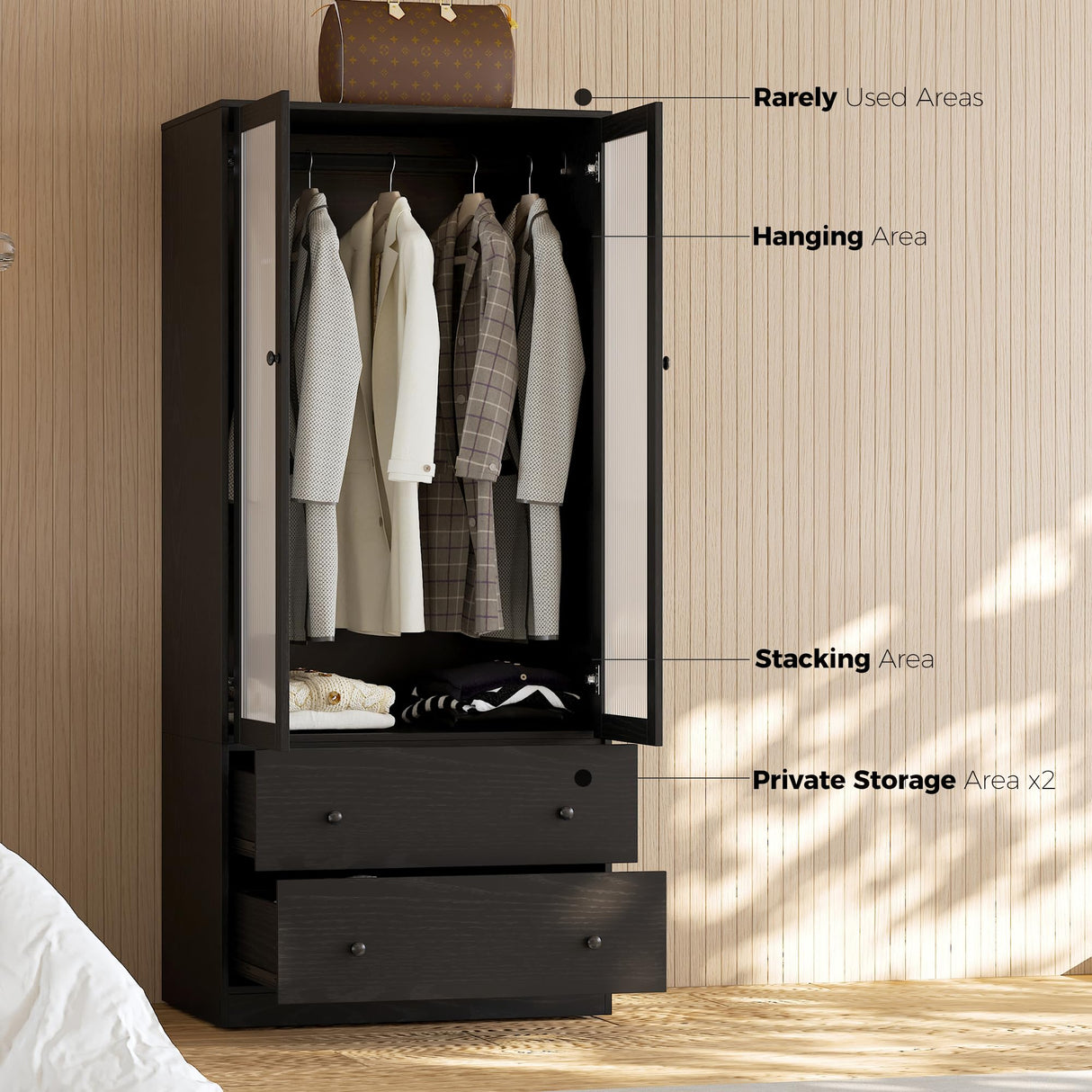 VOWNER 20“D Armoire Wardrobe Closet with Fluted Glass, 71" H Clothing Storage Cabinet with Hanging Rod, 4 Soft-Close Doors Wooden Wardrobe Cabinet for Bedroom, Large Capacity Storage Black(CCA) VOWNER