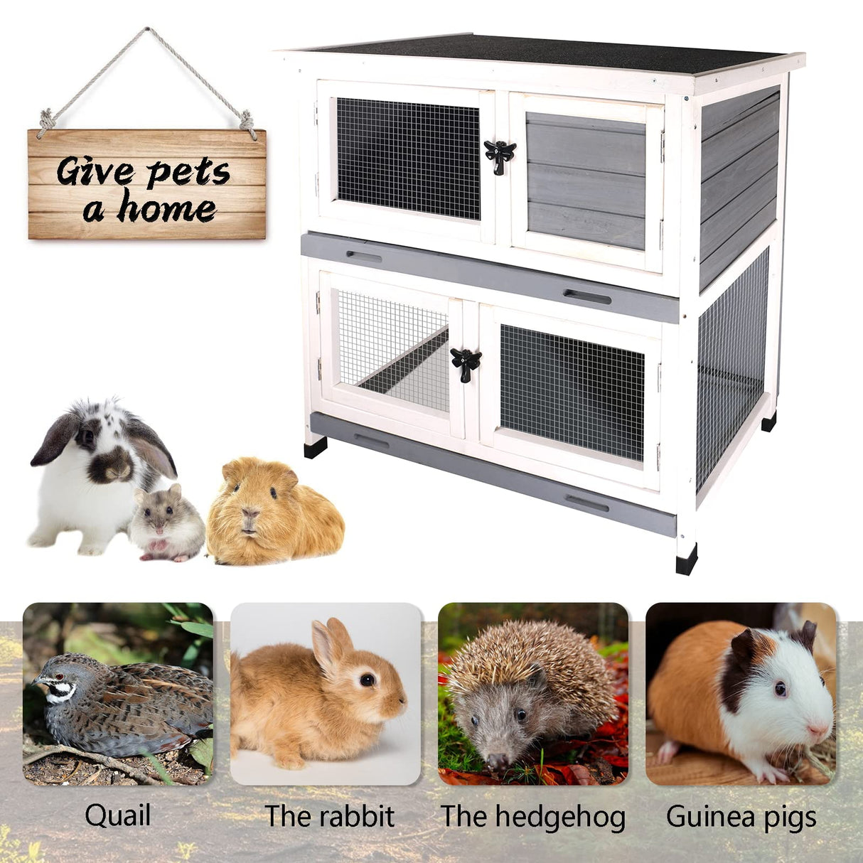 2 Story Solid Wood Rabbit/Bunny Hutch with 2 Large Main Rooms, Indoor Outdoor Rabbit House Guinea Pig Cage Pet House for Small Animals with Ventilation Door Removable Tray Waterproof Roof (Grey) AMZOSS