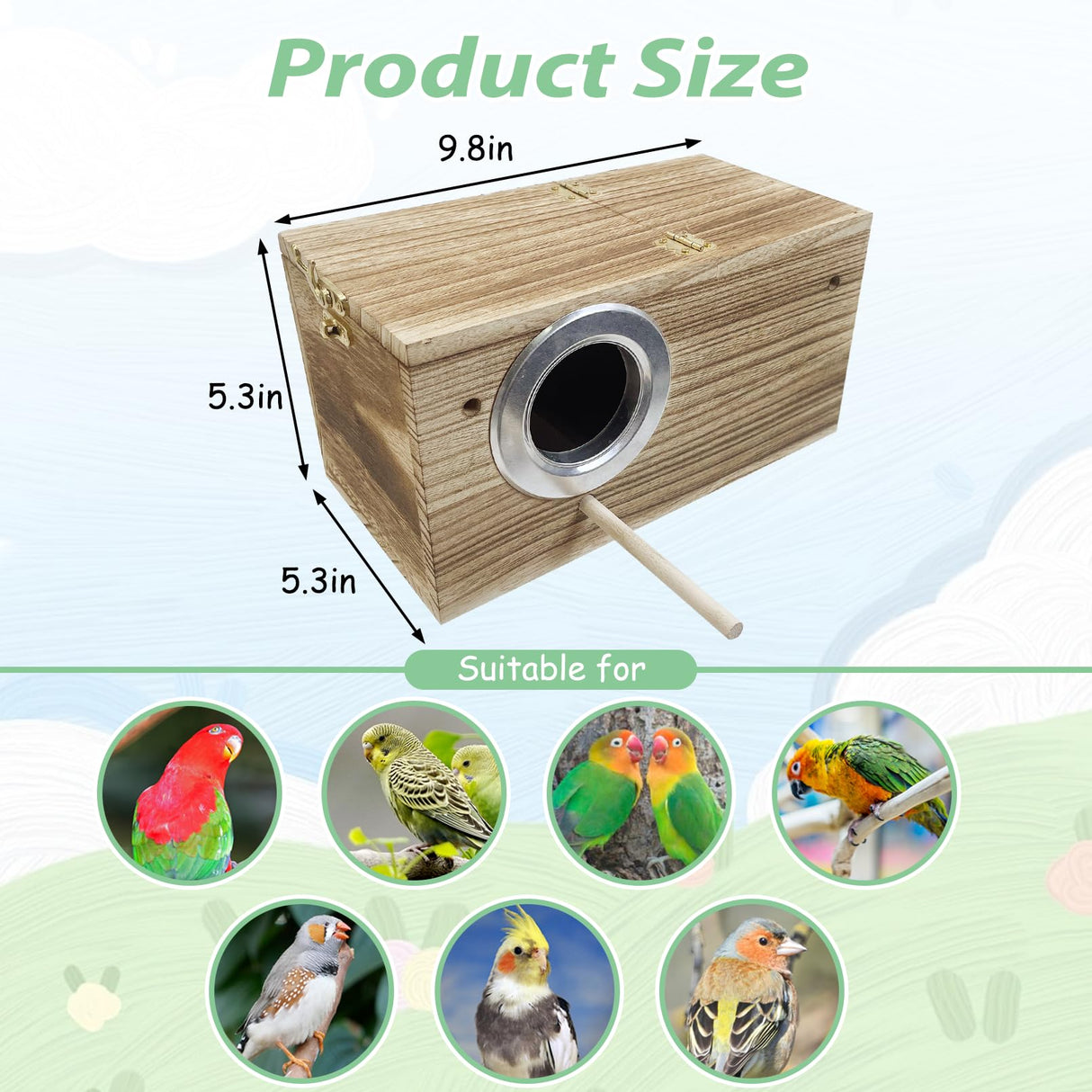 PINVNBY Parakeet Nesting Box, Carbonized Wood Bird Box, Wood Breeding Box for Birds, Budgie Lovebirds Conure Finch Parrot Canary (M: 9.8 x 5.3 x 5.3 inch) PINVNBY