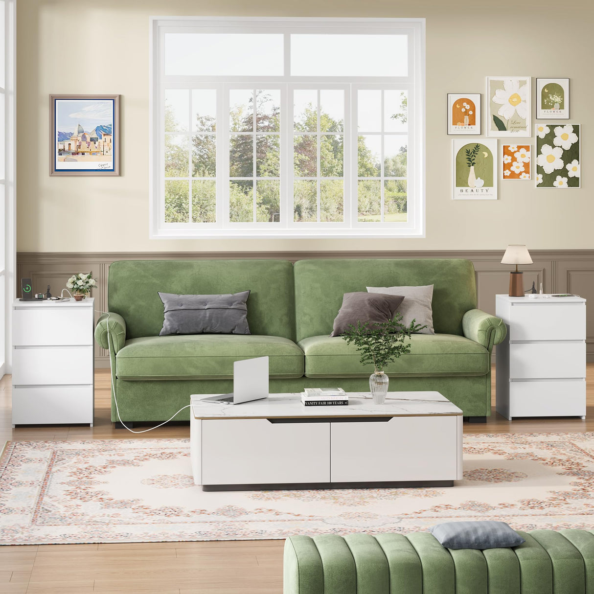 FOTOSOK White Nightstand Set of 2, 26" H White Night Stand with Charging Station, Nightstand Set 2 with USB Ports & Power Outlets, Silent Slides, Wooden End Side Table Bedside Table for Bedroom FOTOSOK