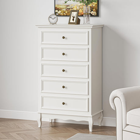 May in Color White 5 Drawer Dresser for Bedroom, Modern Storage Closet Cabinet Organizerwith Solid Wood Legs and Painted Finish, Wooden Tall Chest of Drawersfor Living Room, Hallway May in Color
