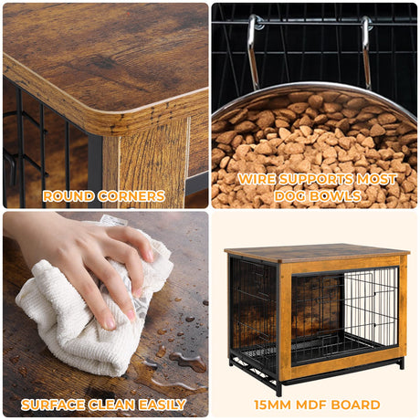 TLSUNNY Dog Crate Furniture, 44.1" Wooden Dog Crate Table, Indoor Dog Kennel with 2 Doors, Modern Dog Cage w/Pull-Out Removable Tray, Large/Medium/Small Dog House Furniture End Table, (Rustic) TLSUNNY