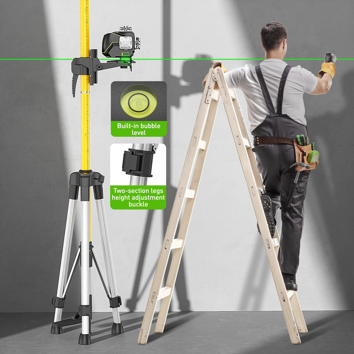 Huepar 12 Ft./3.7M Professional Laser Level Pole with Tripod and 1/4-Inch by 20-Inch Laser Mount for Rotary and Line Lasers, Adjustable Telescoping Laser Pole with 5/8"-11 Threaded Adapter-LP36A Huepar