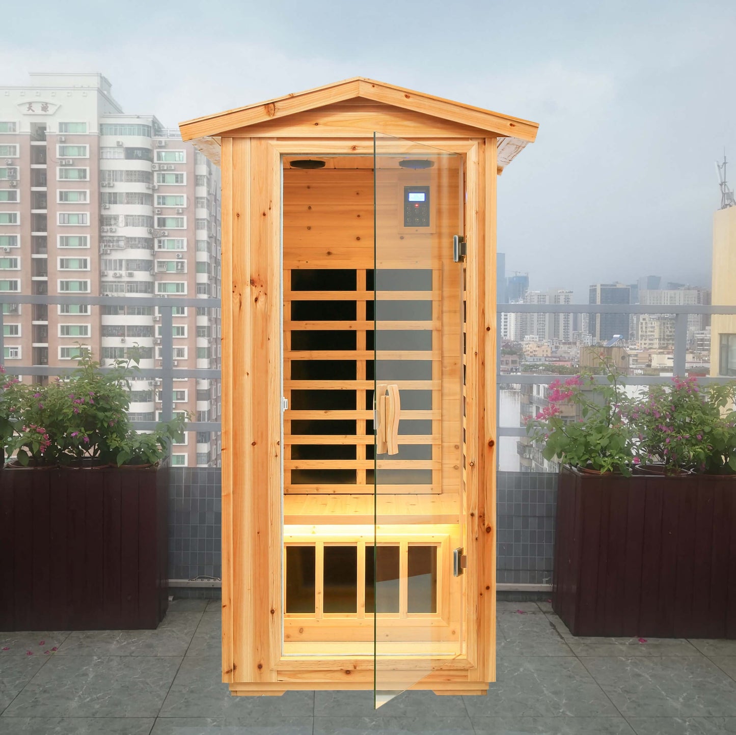 Xmatch Far Infrared Wooden Outdoor Sauna, 1-Person Size, w/1560W, 6 Low EMF Heaters, 10 Minutes Pre-Warm up, Time and Temp Pre-Set, 2 Bluetooth Speakers, 1 LED Reading Lamp and 2 Chromotherapy Lights