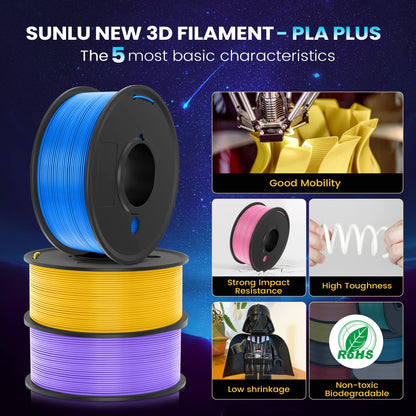 SUNLU 3D Printer Filament Pack, 0.25kg Each Spool, Total 2kg, Mini Spool, PLA+ Filament 1.75mm, 8 Packs, Black+White+Grey+Blue+Green+Red+Orange+PureYellow - WoodArtSupply