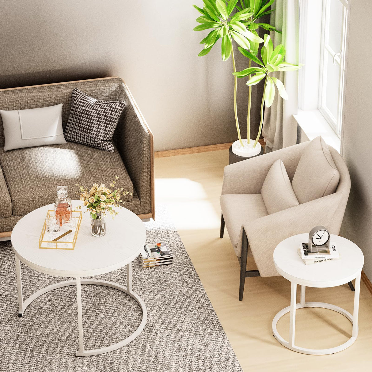 VILAWLENCE Nesting Coffee Table Round Side Table Set of 2 End Tables for Living Room Bedroom Balcony,White Wooden Stacking Accent Coffee Tables with Metal Frame VILAWLENCE