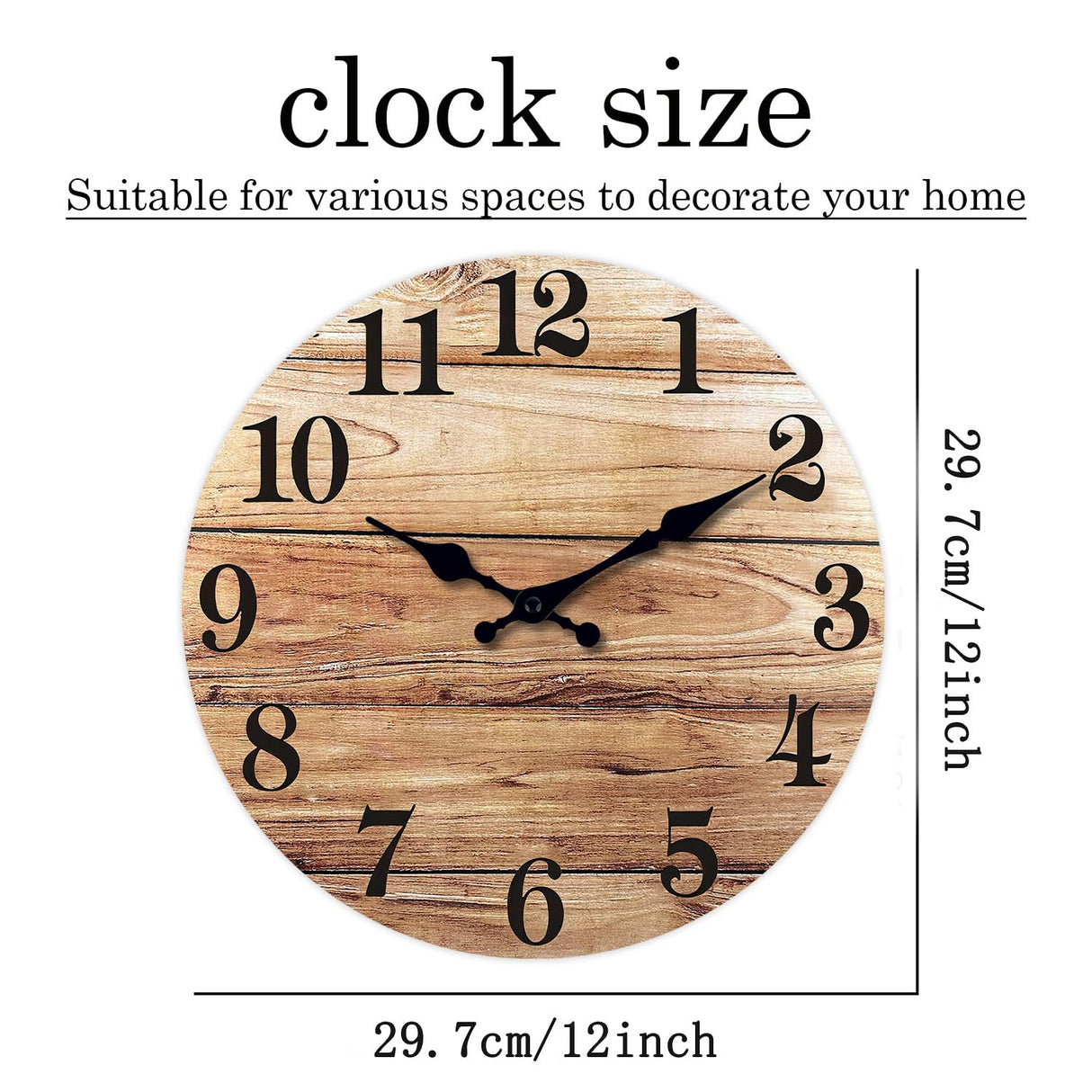 XNM Round Wood Wall Clock for Kitchen 12 Inch Farmhouse Small Wall Clocks Battery Operated Brown Wall Clock Silent (MDF No Solid Wood) XNM