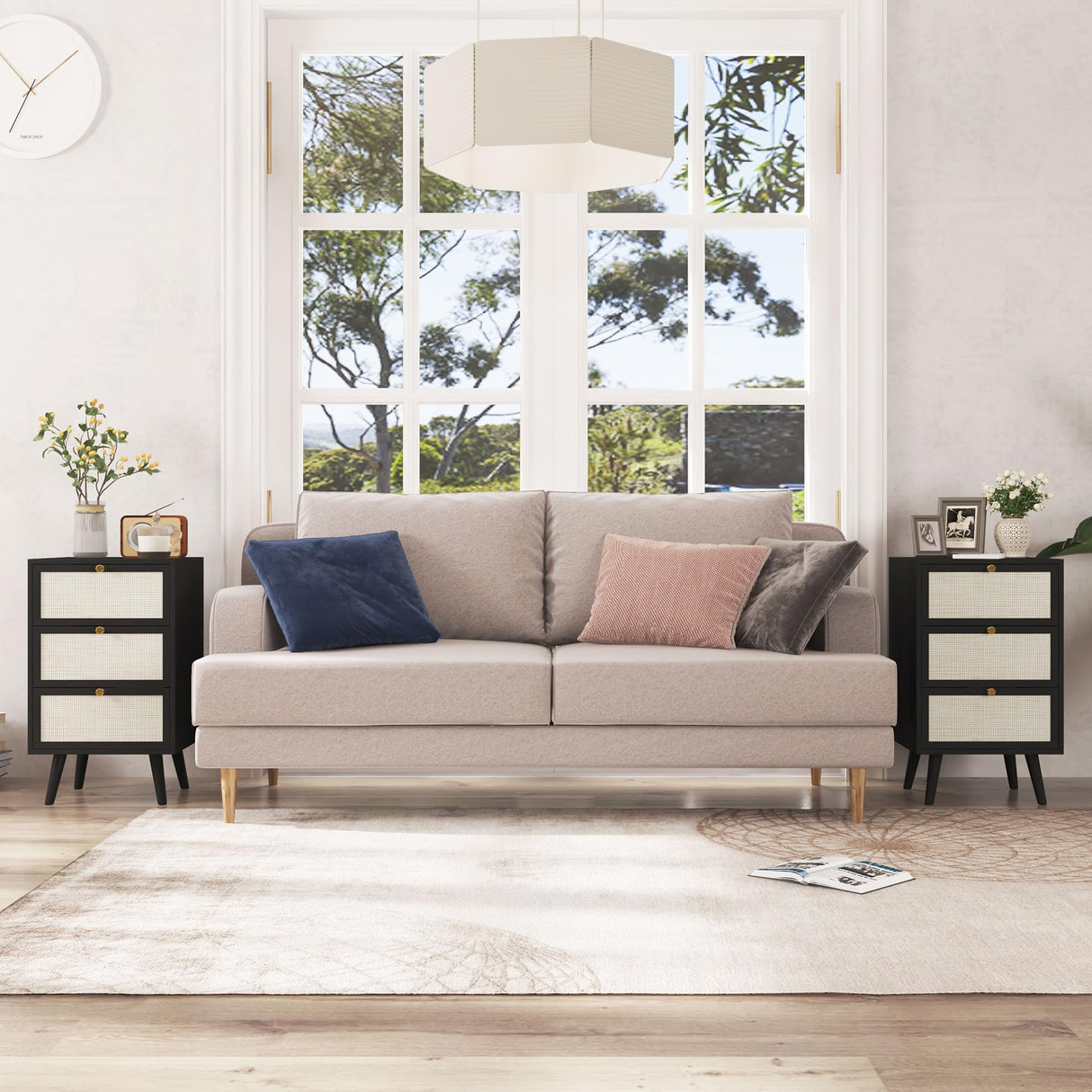 PHOYAL Rattan Nightstand Set of 2, End Table Rattan Bedside Table with Storage 3-Drawer Side Table with 3 Hand Made Rattan Decorated Drawers Wood Accent Table, Black 2 Pack PHOYAL