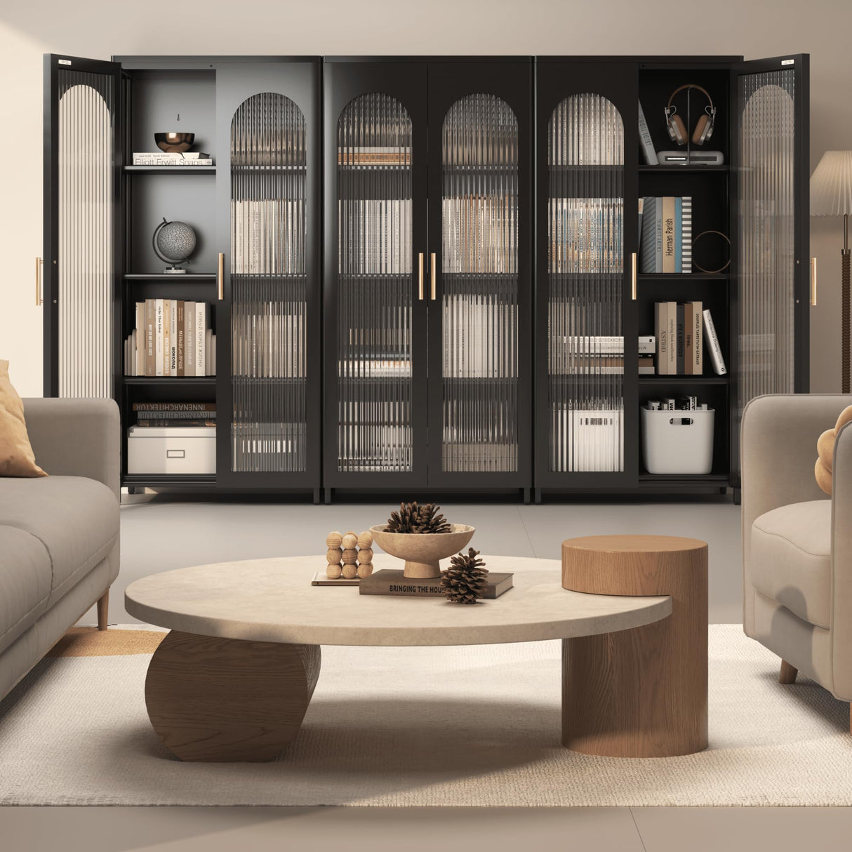 VASAAOSD Kitchen Pantry Storage Cabinets, Metal Sideboard Storage Cabinet with Glass Doors and Adjustable Shelves, Modern Furniture Pantry Cabinet for Kitchen, Living Room and Dining Room, Black VASAAOSD