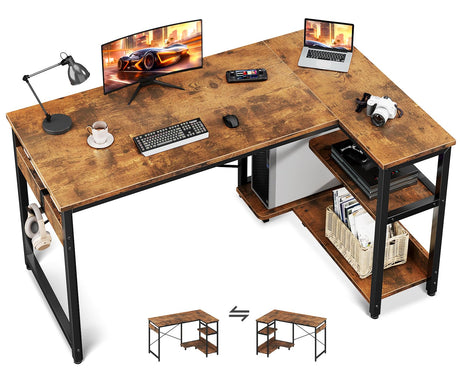 Casaottima L Shaped Computer Desk, 48 Inch Small Corner Desk with Storage Shelves & PC Stand, Reversible Gaming Desk for Bedroom, Modern Writing Study Table for Home Office, Vintage Casaottima