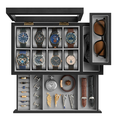 SONGMICS 8-Slot Wooden Watch Box With Solid Wood Veneer, 2-Tier Display Case, Transparent Window, Removable Pillows, Velvet Lining, Gift Idea, Ebony Black UJOW002B01 SONGMICS