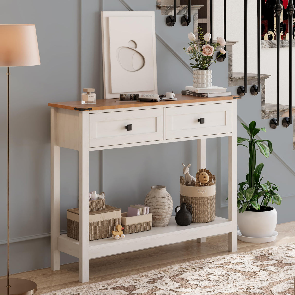 Trironsun Farmhouse Console Table with 2 Drawer for Entryway Rustic Sofa Table with Open Storage Shelf Hallway Table with Wooden Frame for Bedroom Living Room Trironsun