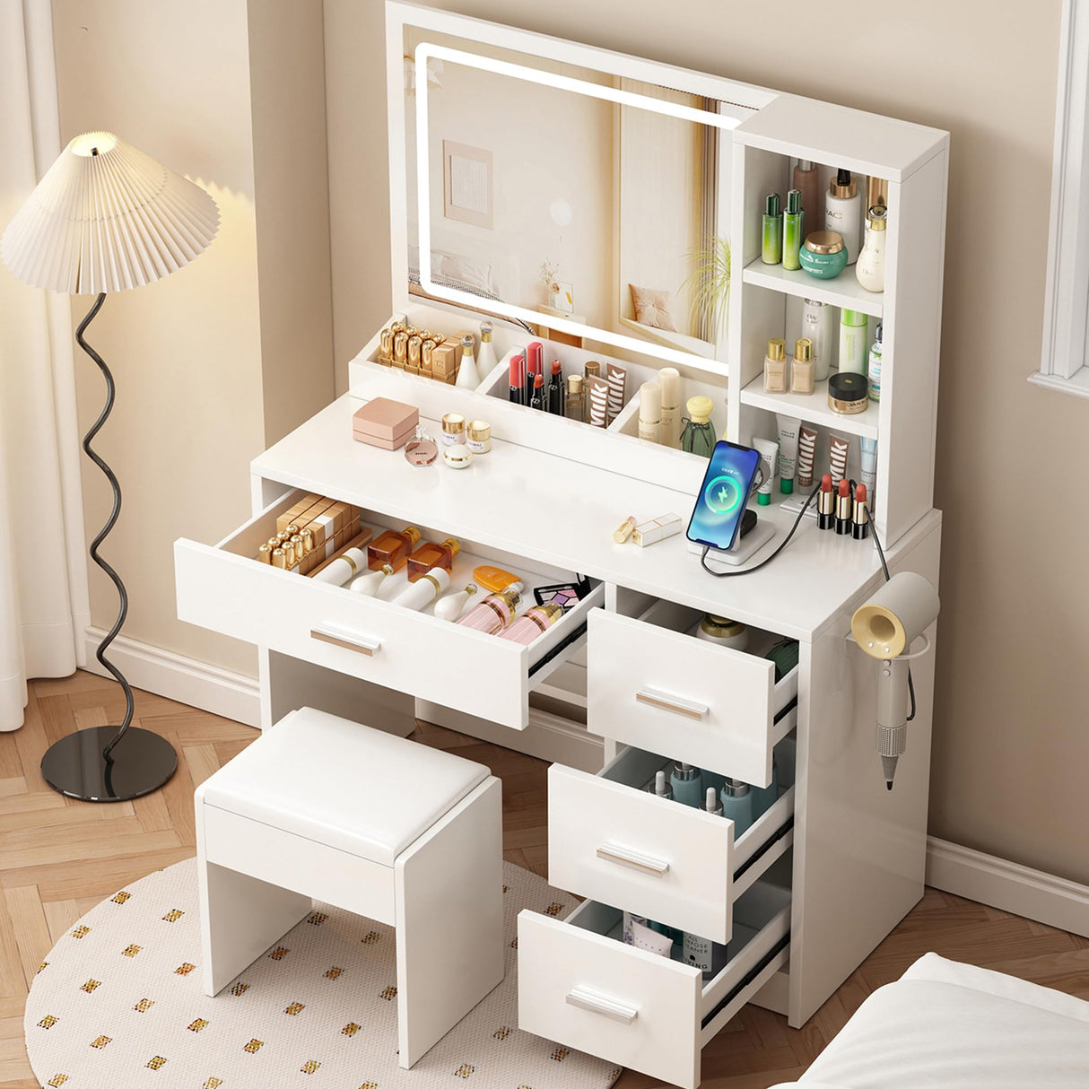 OTOQS Vanity Desk with Mirror and Lights, 4 Drawers & Benches Vanity Desk Set, 3 Color Lighting Modes Adjustable Brightness Vanity for Bedroom Makeup Table OTOQS