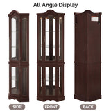 Trygoal 70" H Lighted Corner Curio Cabinet, Curved Wood Corner Cabinet with Tempered Glass Doors, Glass Display Case with Bulb for Living Room, Bedroom, Dark Cherry Trygoal