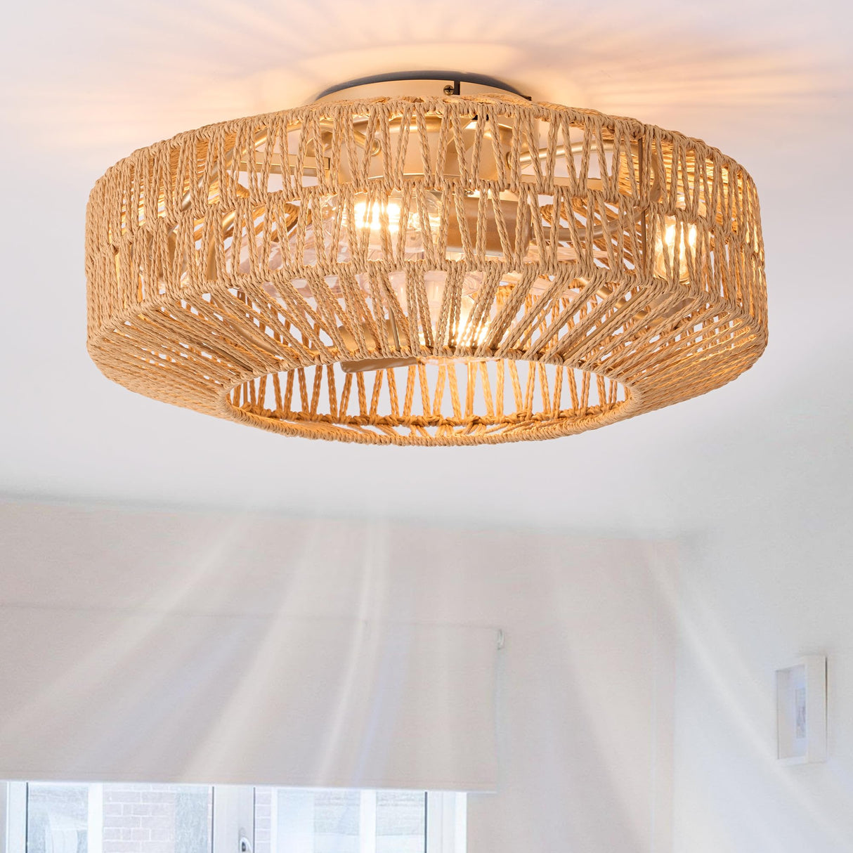 Gutenliter 20" Woven Caged Low Profile Bladeless Ceiling Fan with Light and Remote, Farmhouse Flush Mount Boho Ceiling Fans Light, Enclosed Industrial Ceiling Fan 6 Speed Reversible w/ 4 E26 Bulb Base Gutenliter