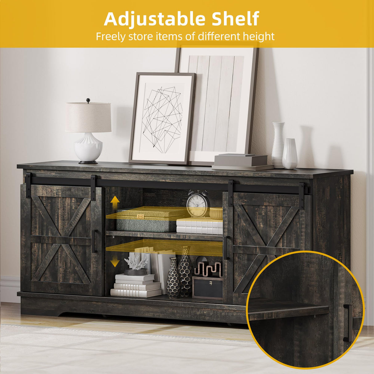 DWVO TV Stand for TVs up to 65 Inch, Farmhouse Entertainment Center with Storage Cabinets and Sliding Barn Doors, Rustic Media TV Console Table for Living Room, Dark Rustic Oak DWVO