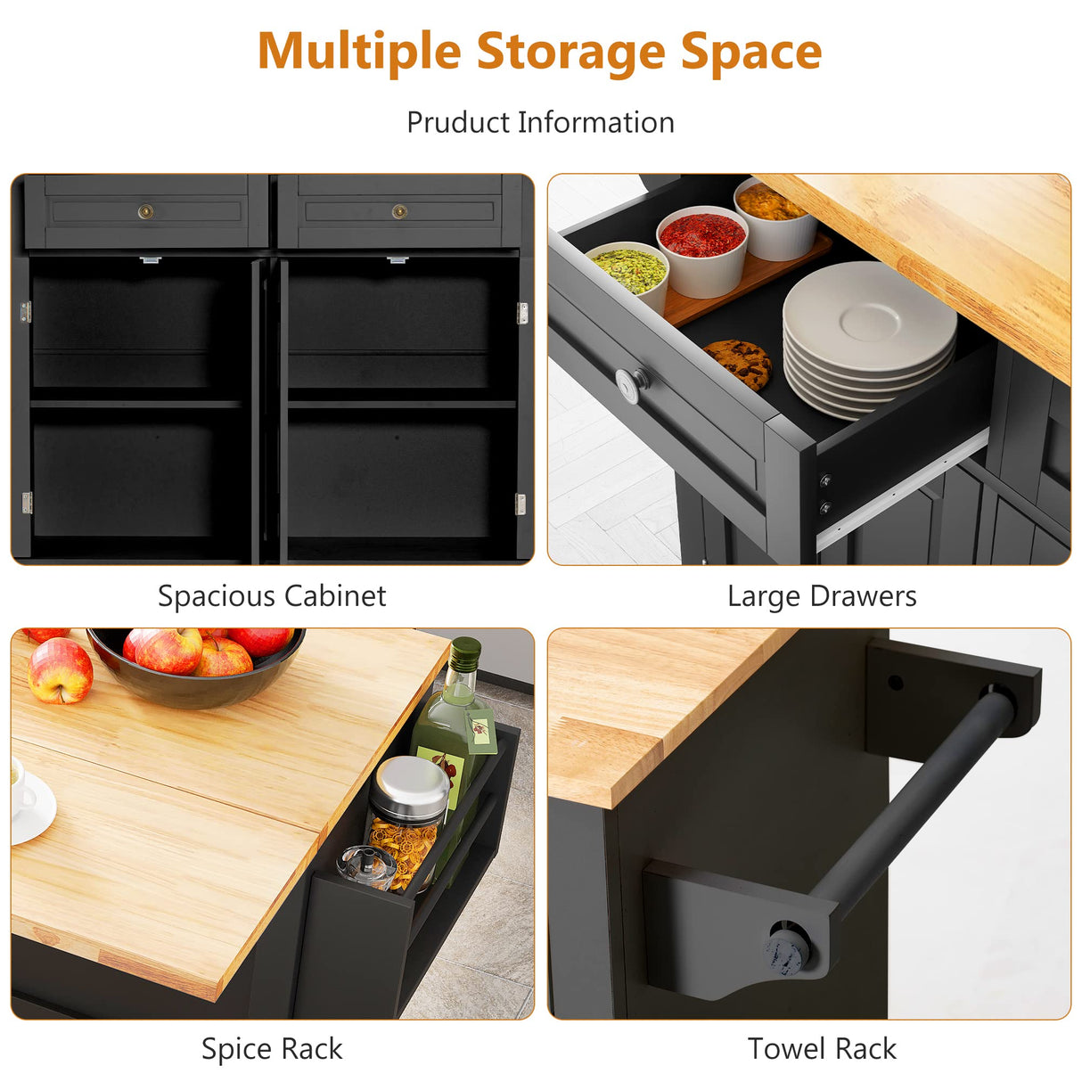 Squireewo Kitchen Cart with Wood Top and Drop Leaf Breakfast Bar, Rolling Mobile Kitchen Island Table on Wheels with Drawer and Storage Cabinet, Spice Rack, Towel Rack, Black Squireewo