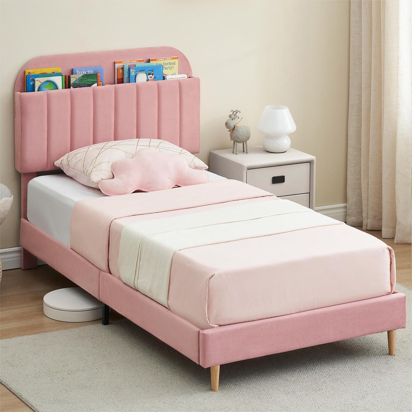 IDEALHOUSE Twin Bed Frames, Upholstered Platform Bed Frame with Bookcase Headboard, Velvet Platform Bed Mattress Foundation, Heavy Duty Steel Support Legs, Easy Assembly, Noise Free, Light Pink