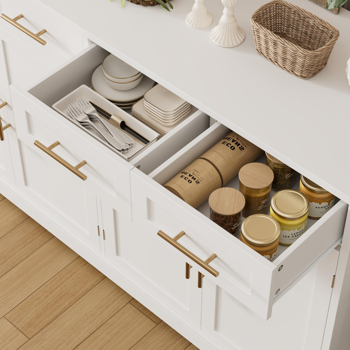 HOSTACK 60" Large Buffet Sideboard with Storage, 36" Tall Kitchen Buffet Storage Cabinet with 4 Drawers, Modern Coffee Bar Cabinet with Gold Handles, Long Sideboard Buffet Table for Kichen, White HOSTACK