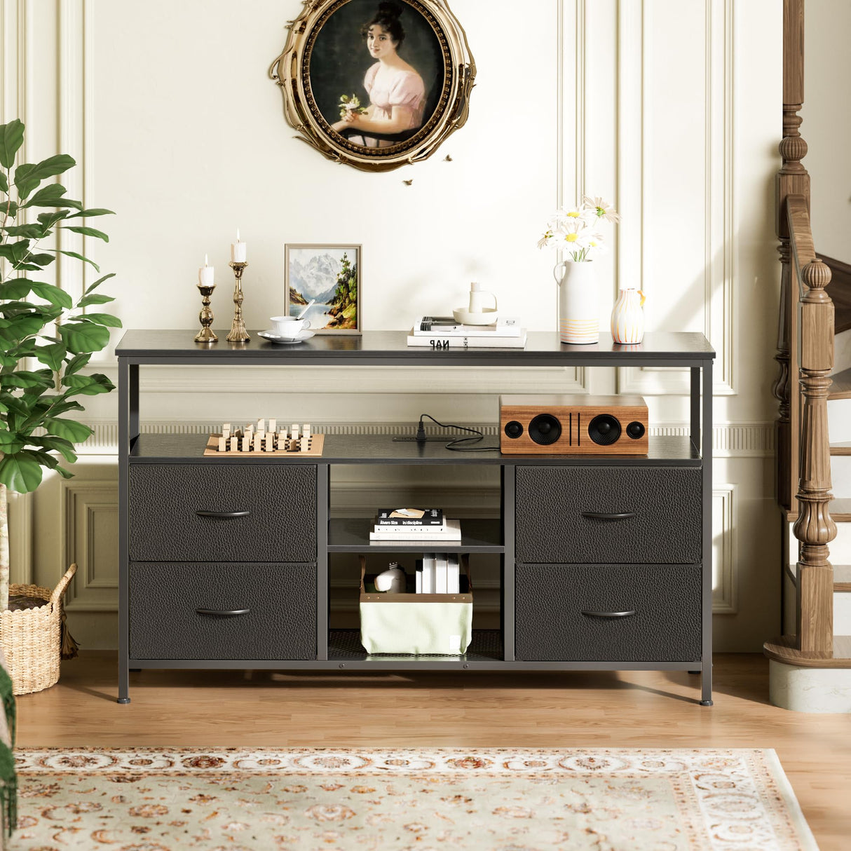 Huuger 47 Inch TV Stand Dresser with Power Outlets and LED Lights, 4 Drawers Entertainment Center with Open Shelf, Media Console for 55 50 Inch TV, Dresser with PU Finish, Black Huuger