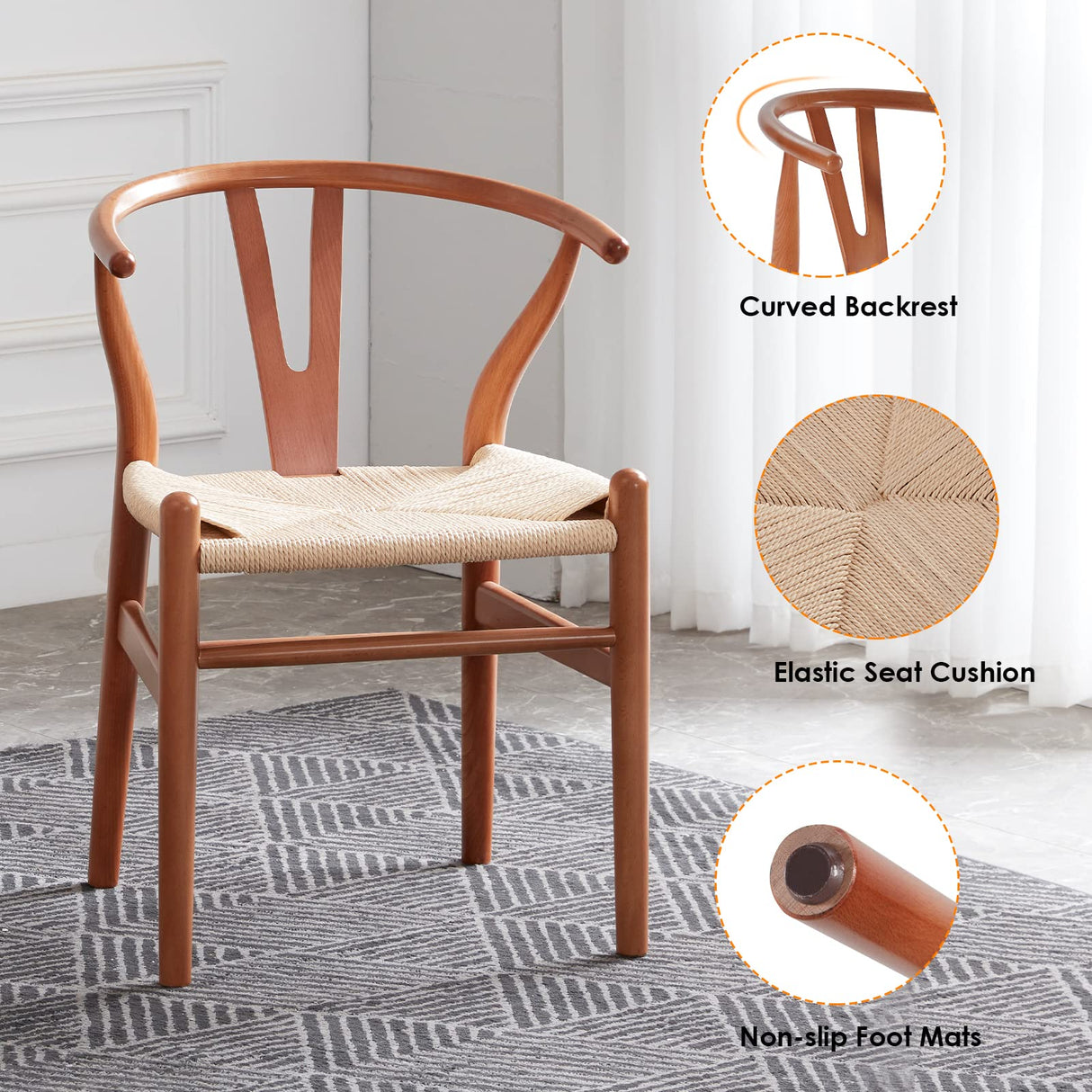 STARY Fully Assembled Wishbone Rattan Dining Room Chairs, Set of 2, Walnut STARY